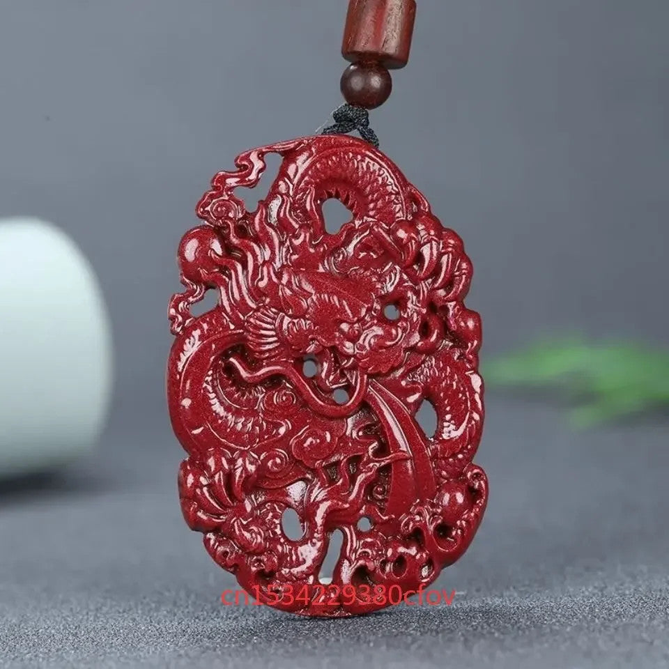 Cinnabar engraved dragon pendant necklace jewelry Chinese handmade engraving -