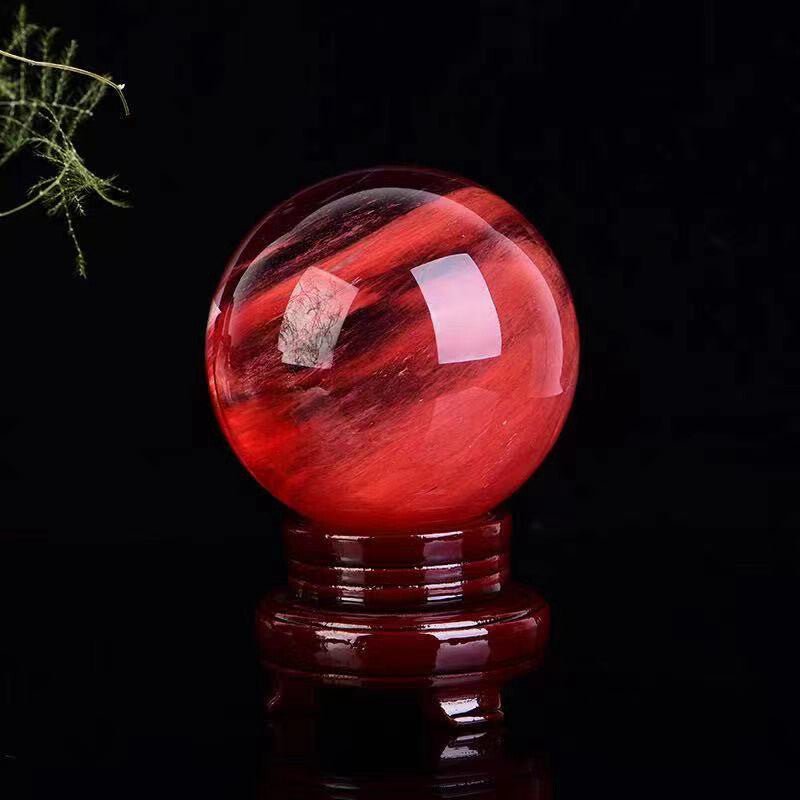 80mm Large Natural Red Smelting Stone Quartz Crystal Sphere Ball Decor + Stand