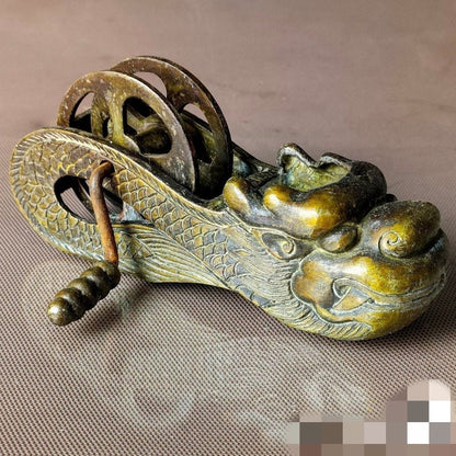 Vintage Brass Dragon Carpentry Ink Line Tool Chinese Antique Measuring Tool
