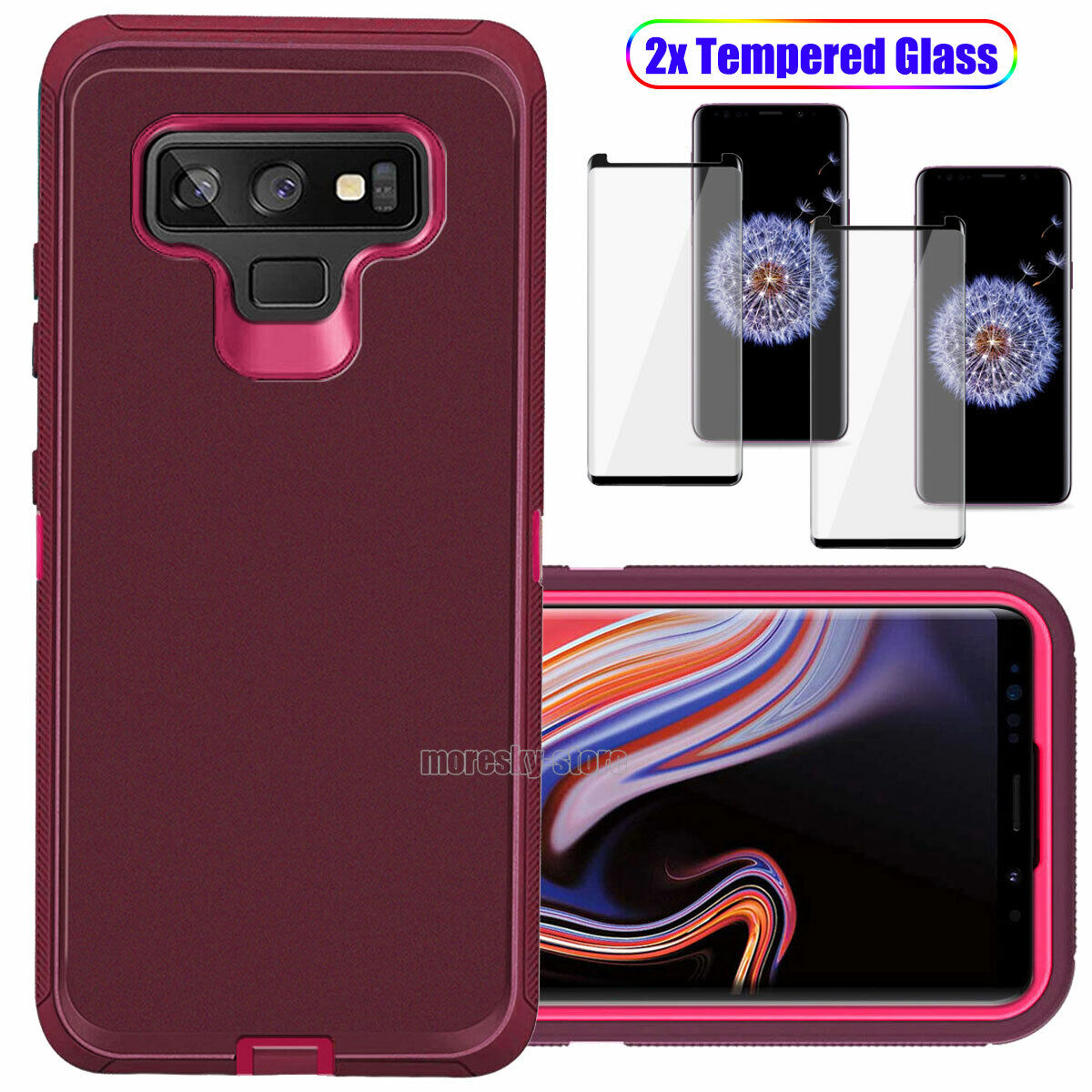 For Samsung Galaxy Note 9 Hard Heavy Duty Case Cover, Tempered Glass Protector
