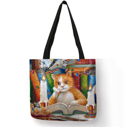 Cat Print Tote Bag Linen Reusable Shopping Bag Oil Painting Shoulder Shopper Bag