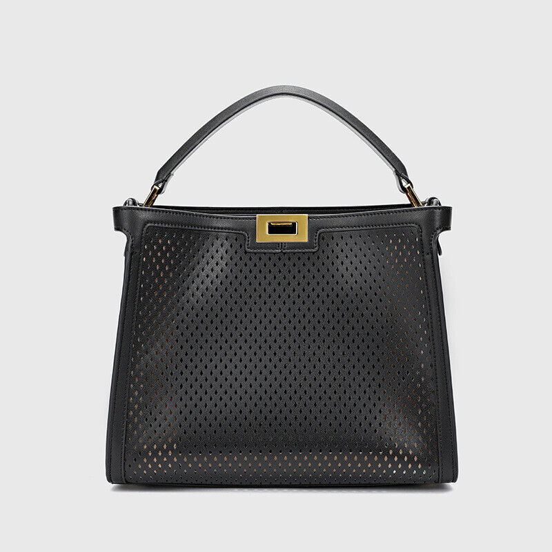 Trapezoid Perforated Real Leather Shoulder Bag Tote Handbag Purse Briefcase
