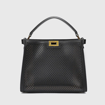 Trapezoid Perforated Real Leather Shoulder Bag Tote Handbag Purse Briefcase
