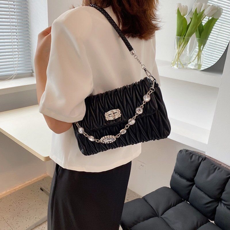 Pleated Crossbody Bag Texture Rhinestone Hand Shoulder Bag Versatile 25*7*14 CM