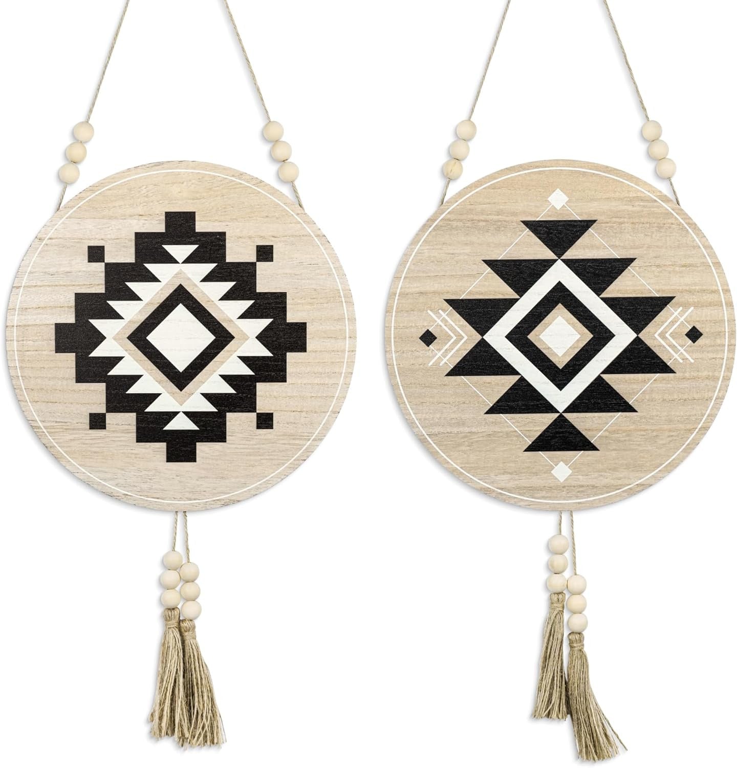 Aztec Wall Decor Round Wooden Art Pieces Home Office Decoration Gift Set of 2