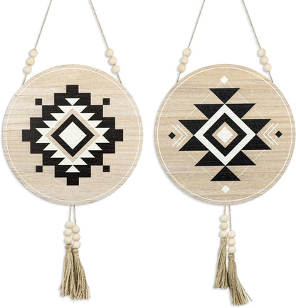 Aztec Wall Decor Round Wooden Art Pieces Home Office Decoration Gift Set of 2