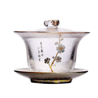 200ml Clear Gaiwan Glass Tureen Floral Relief Teacup Covered Bowl Cup Saucer Mat