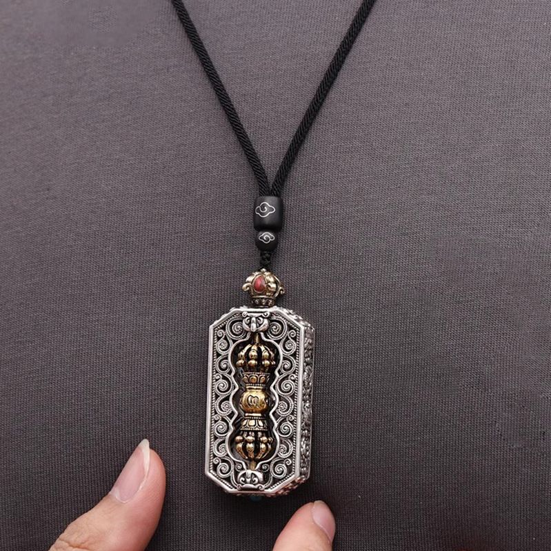 Vintage Vajra Pendant Tibetan Amulet Six Word Mantra Square Charm Buddhist