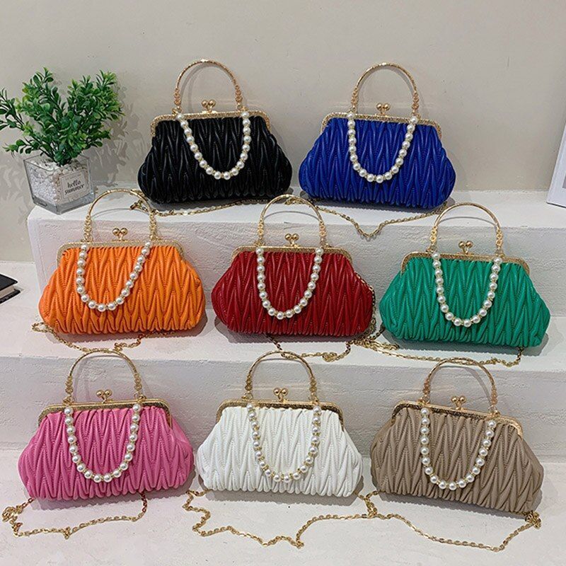 Orange Green Shoulder Bags Pearl Chain Clutch Crossbody Bags Synthetic Leather