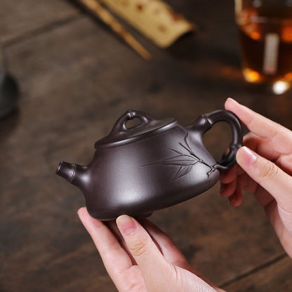 250ml Handmade Tea Pot Bamboo Carved Marked Real Yixing Zisha Purple Clay Pot