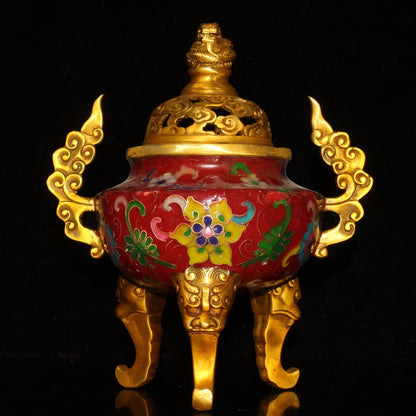 Old China Gold Plating on Brass Cloisonne Three Legs Incense Burner
