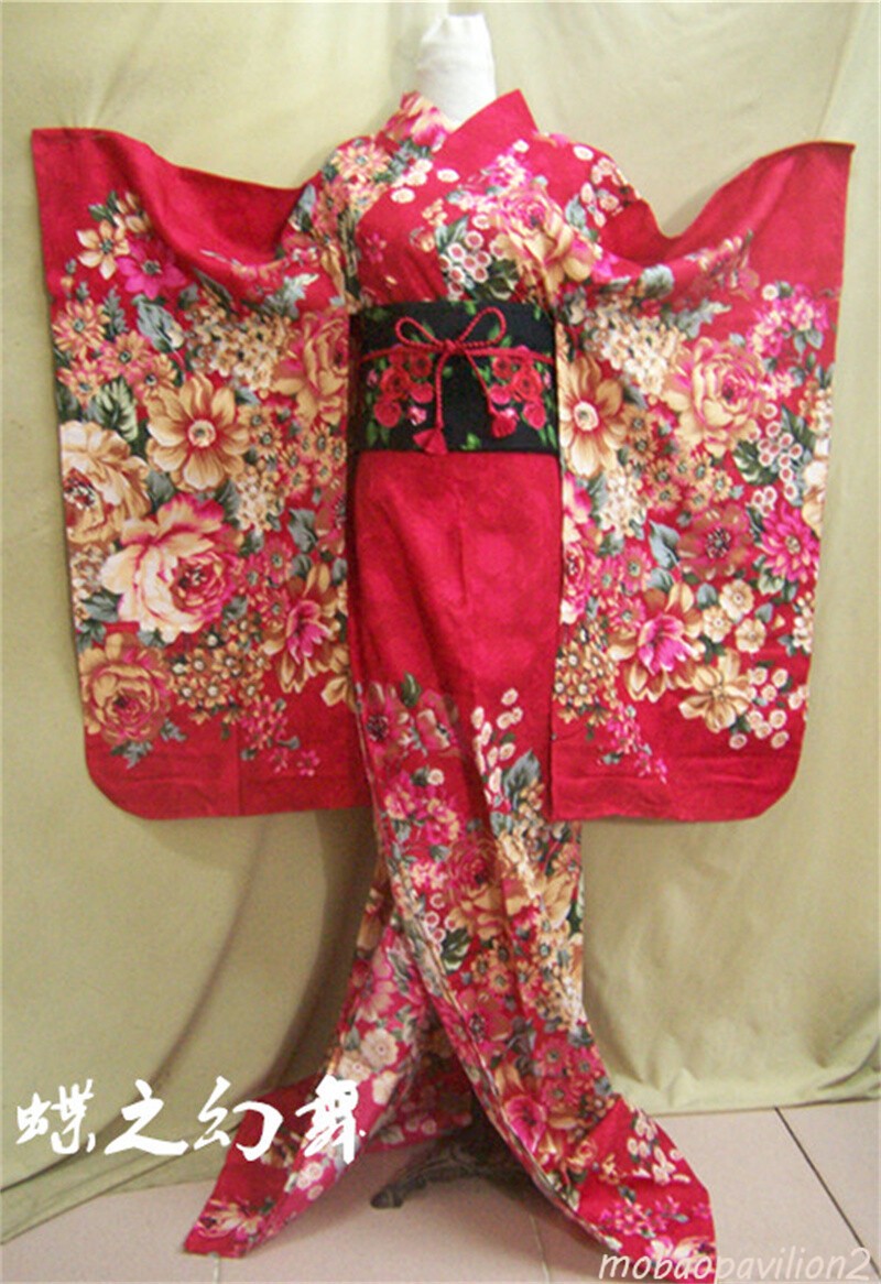 New Japanese Traditional Furisode Women Red Floral Kimono Cosplay Dress Costume