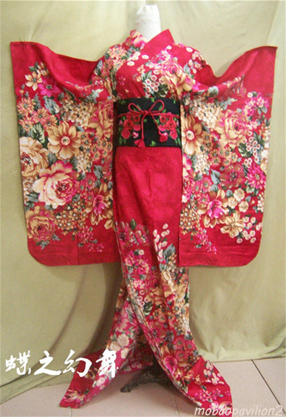 New Japanese Traditional Furisode Women Red Floral Kimono Cosplay Dress Costume