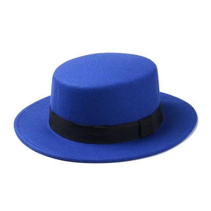 Flat Top Hat Wool Pork Pie Boater Fashion for Men Women Wide Brim Gambler Hat