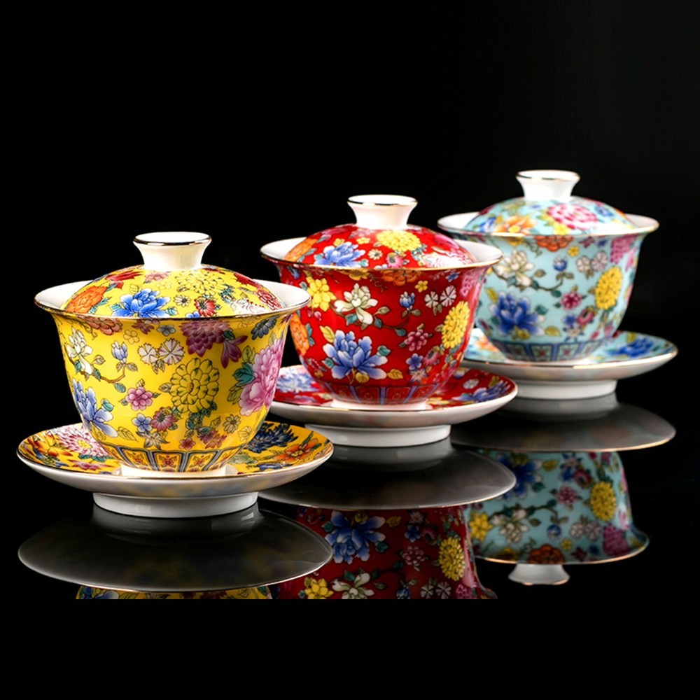 Tea Set Ceramic Gaiwan Floral Tea Cup Lid Saucer Tea Bowl Cup Chinese Porcelain
