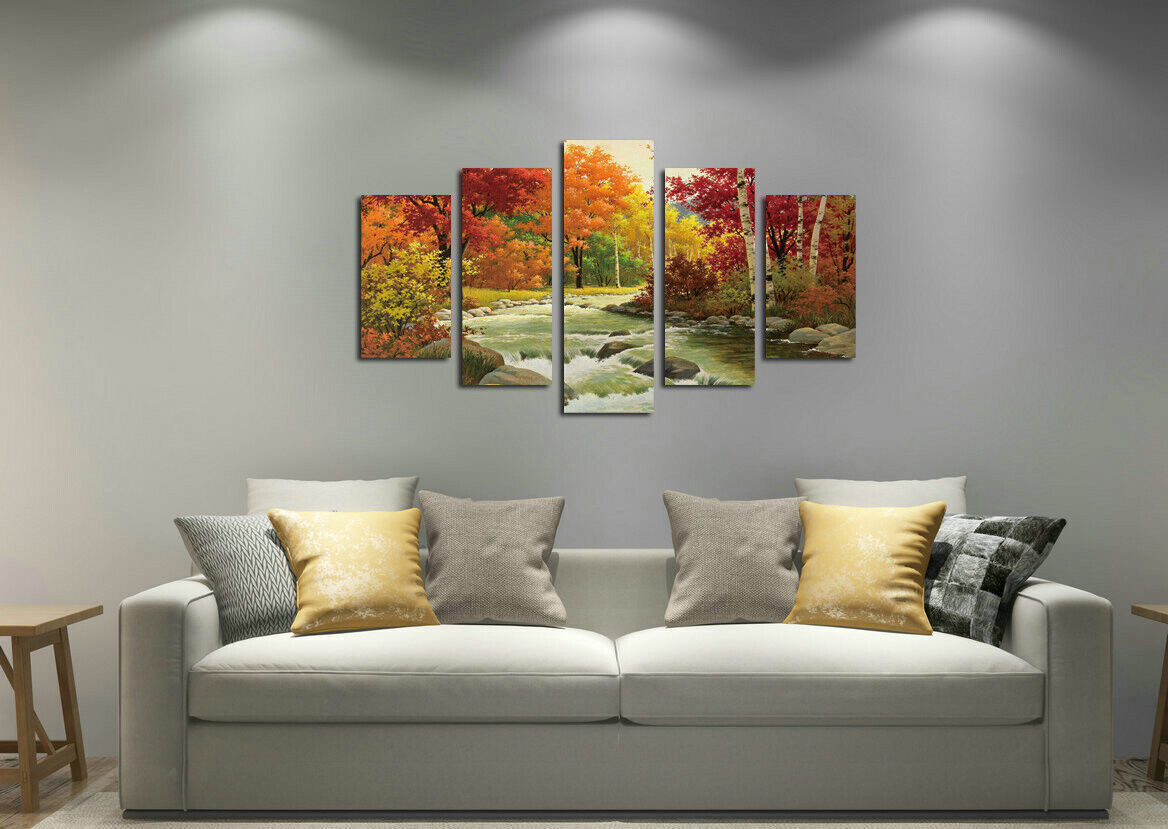 Golden Autumn Landscape 5 Pieces Canvas Print Wall Art Picture Poster Home Decor