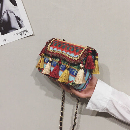 Celela Versatile Small Bag Women's Woven Bag Tassel Chain Shoulder Bag Purse