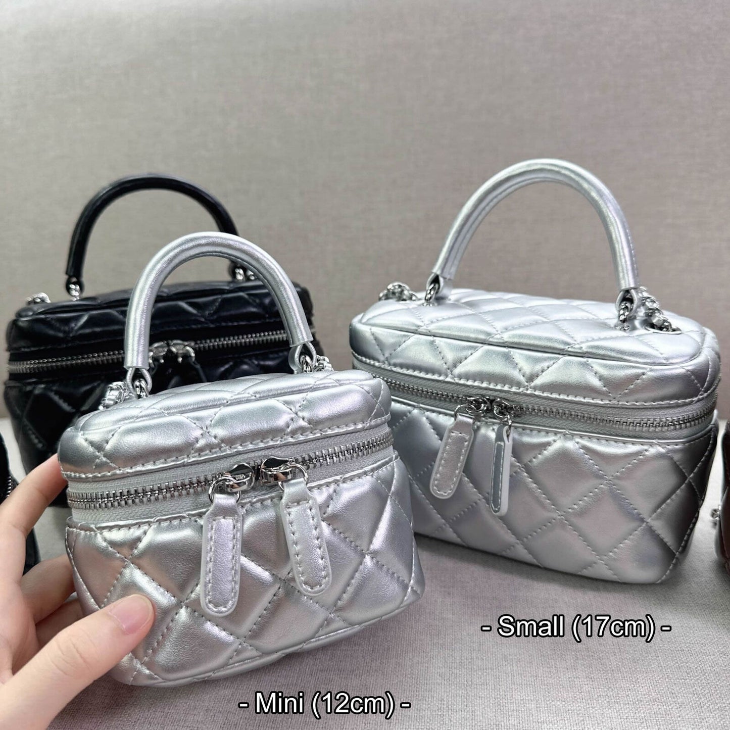 Mini Quilted Real Leather Vanity Case Box Purse Clutch Tote Shoulder Bag Chains