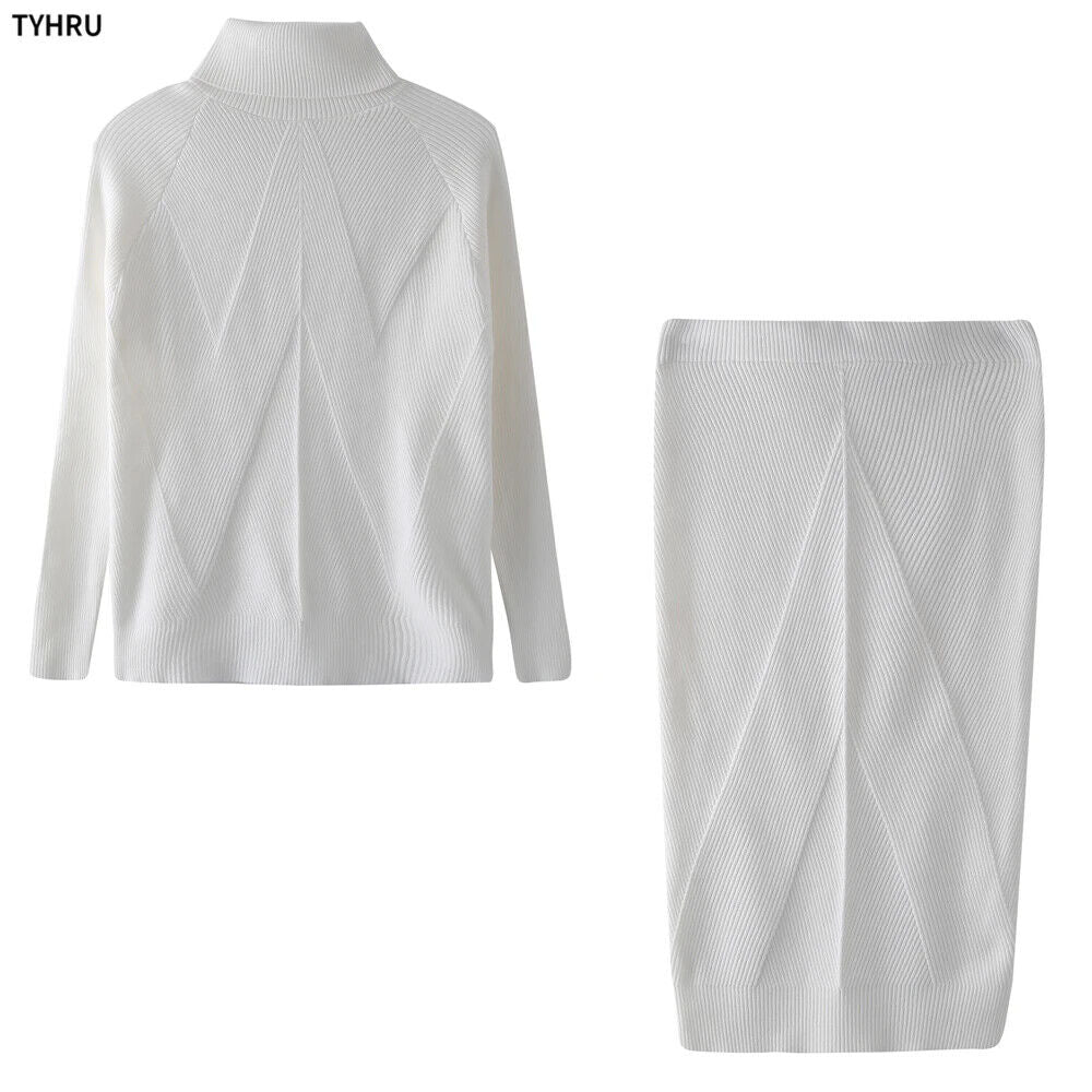 Autumn Women's Turtleneck Pullover Sweater + Slim Skirt Two-Piece Set
