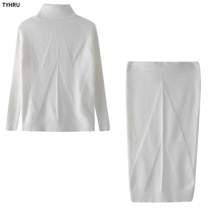 Autumn Women's Turtleneck Pullover Sweater + Slim Skirt Two-Piece Set