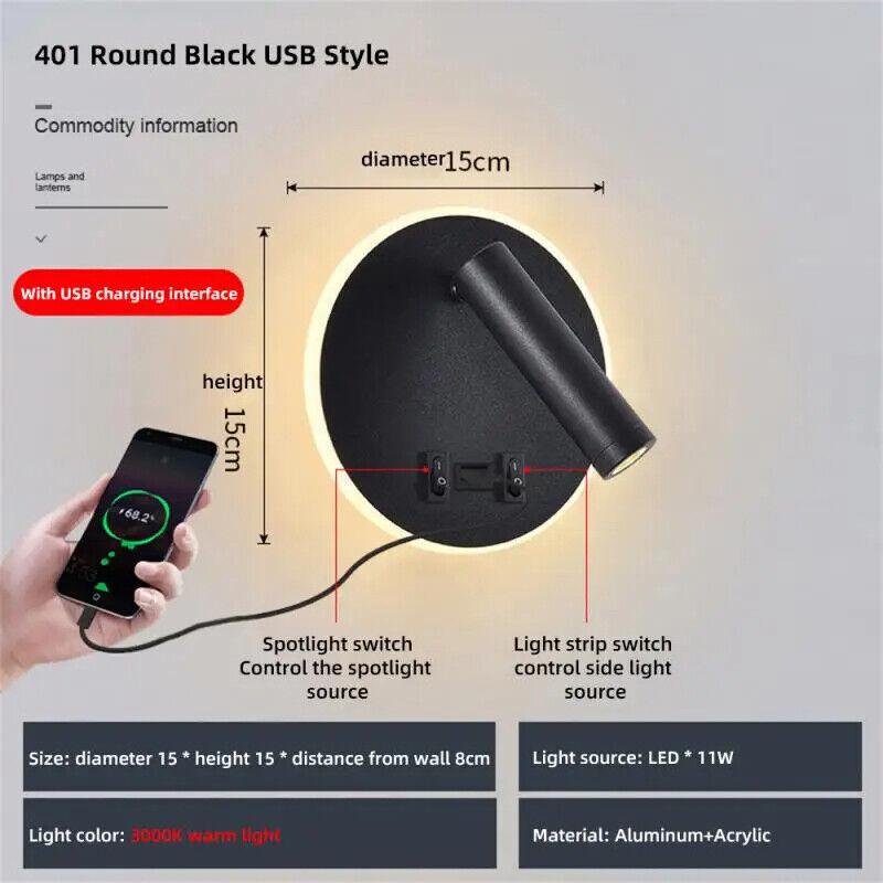 Wall Lamp USB Minimalist Hotel Interior LED Reading Lights Corridor Bedroom 220V
