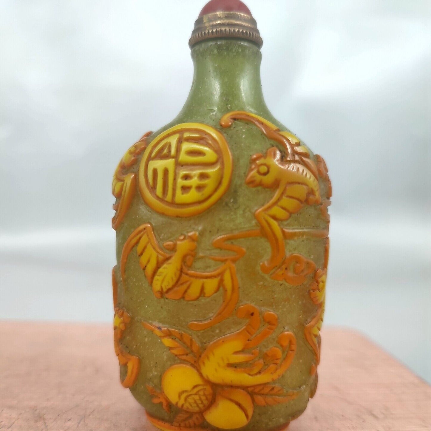 chinese snuff bottles peking glass vintage box carved bat yellow statue gifts