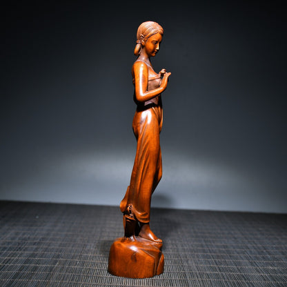 Chinese Antique Wood Carving Wooden Sculpture Artwork Statue Women Ladies Maiden