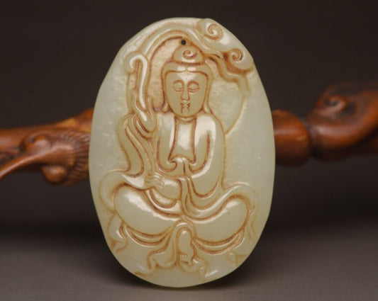 Chinese Natural Hetian Jade Carved Kwan Yin Statue Lucky Pendant Amulets Rare