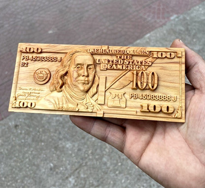Cypress Wood Carved 100 Dollar Bill Statue Collection Decor