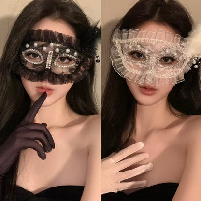 Princess Feather Mask Set 2 Pack Black White Masquerade Half Face Cover