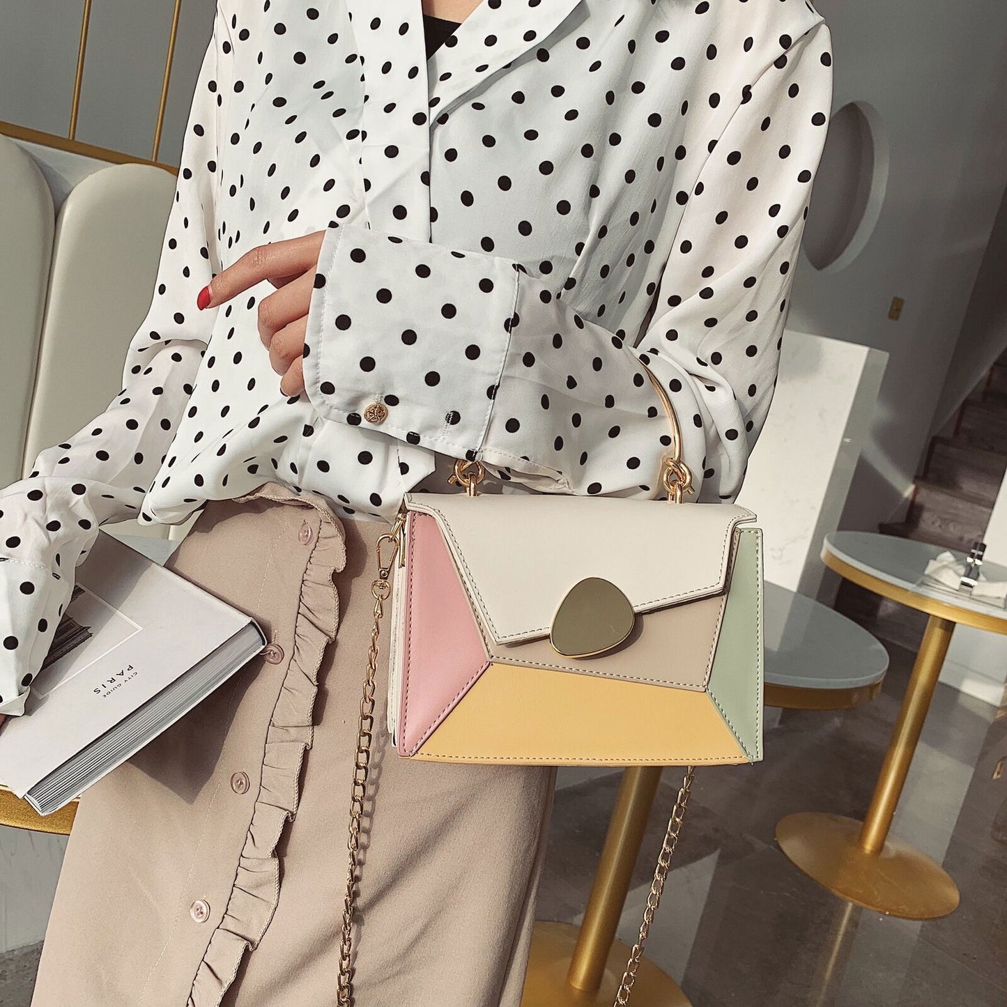 Contrast PU Leather Shoulder Messenger Bag Handle Strap Portable Bag