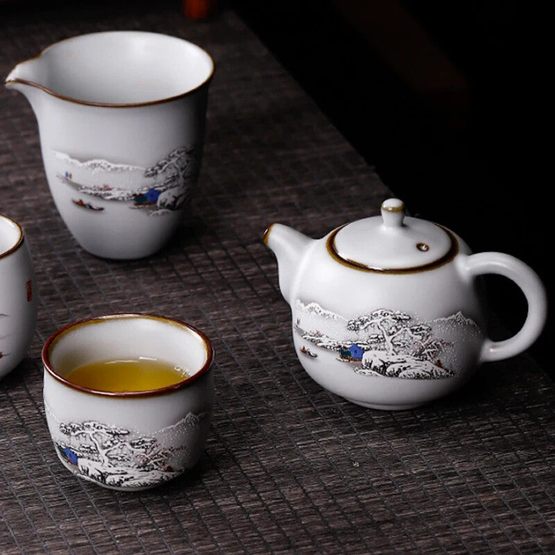 Ru Kiln Moon White Teapot Ceramic Ru Porcelain Open Teapot Retro Kung Fu Tea Set