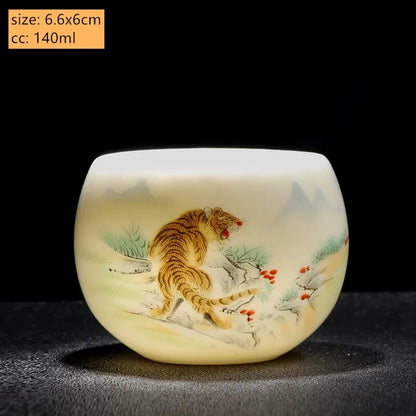 Jade Ceramic Tea Cup Zodiac Tiger Tea Cup Master Cup White Porcelain Tea Set
