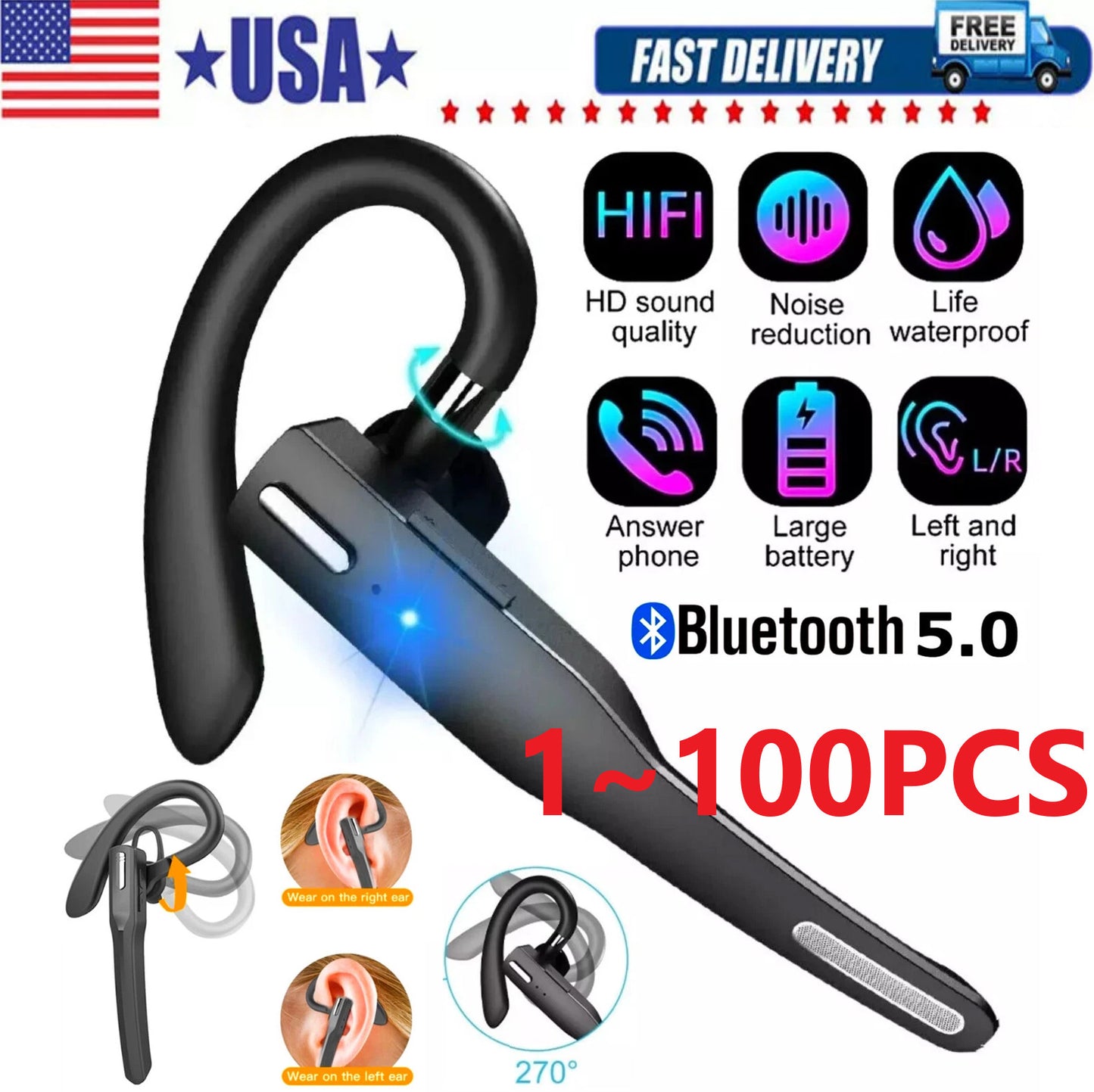 Trucker Wireless Bluetooth 5.1 Earpiece Headset Mic Earbud Noise Cancelling LOT