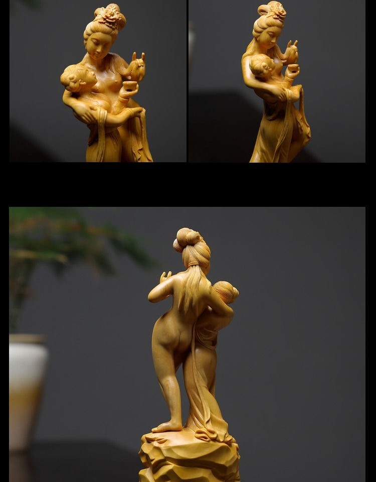 8" Boxwood Carved Lesbian Statue Lover Drinking Figurine Home Decor
