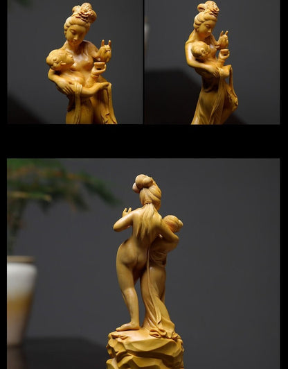 8" Boxwood Carved Lesbian Statue Lover Drinking Figurine Home Decor