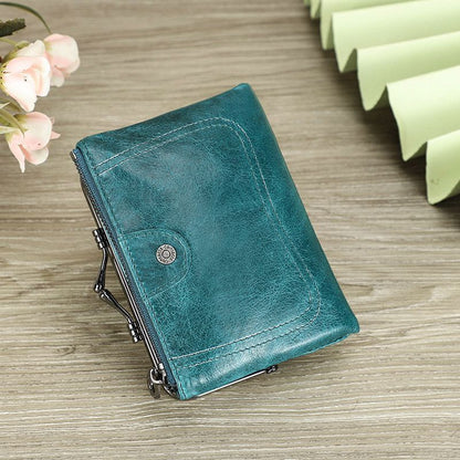 Small Metal Frame Purse Genuine Leather Wallet Hasp Zipper Coins Cards Holder