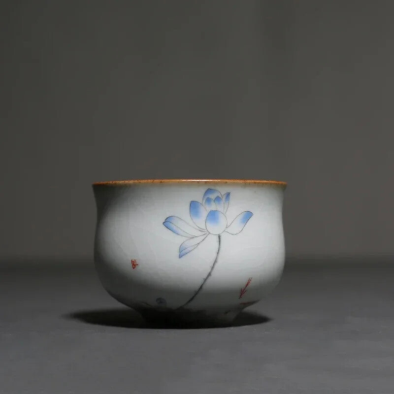 Ru Kiln Ceramic Teacup Travel Portable Hand Painted Flower Tea Bowl Handmade
