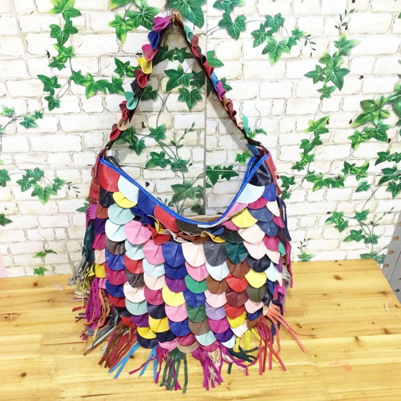 Multicolor Genuine Leather Tassel Bag One Shoulder Bags Beach Purse 33*10*33 Cm