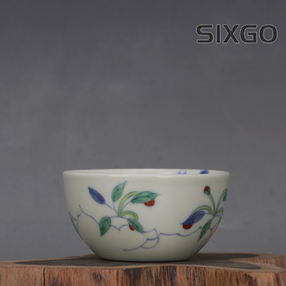 3.1" Chinese Ming Doucai Contrasting Colors Porcelain Green Glaze Flower Cup