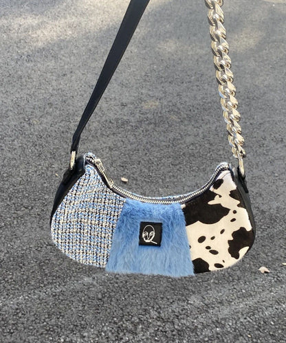 Patchwork Plush Bag Vintage Zipper Chains Aesthetic Purse 32*12*4 CM Blue 1 PC