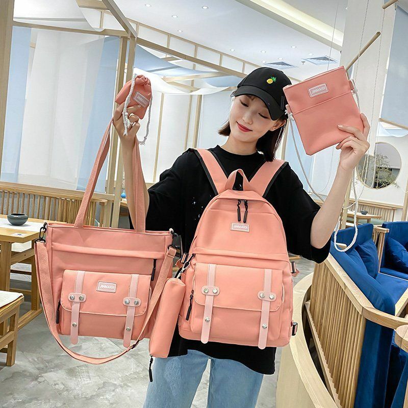 5 Pcs Sets School Bags Teenage Girls Women Backpacks Laptop Travel Bagpack Solid