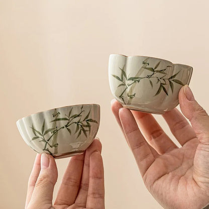 Grass Ash Cups Hand-painted Green Bamboo Petals Teacup Jingdezhen Tea Cup
