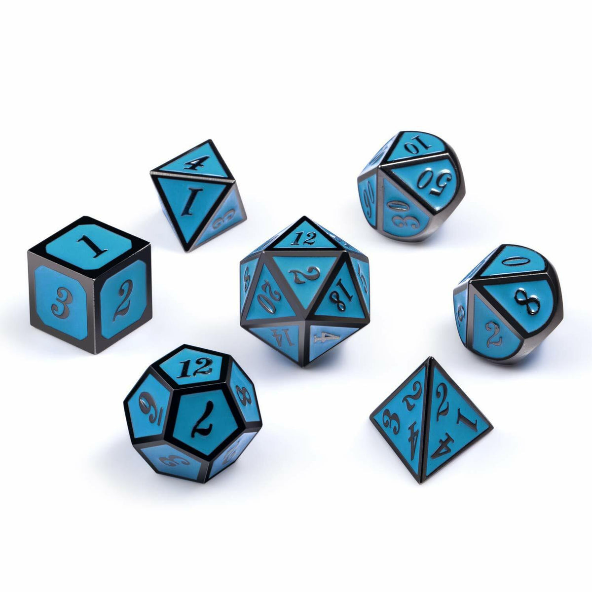 Set of 7 Metal Dice Set with Storage Box - Turquoise with Gunmetal Numbers
