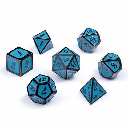 Set of 7 Metal Dice Set with Storage Box - Turquoise with Gunmetal Numbers