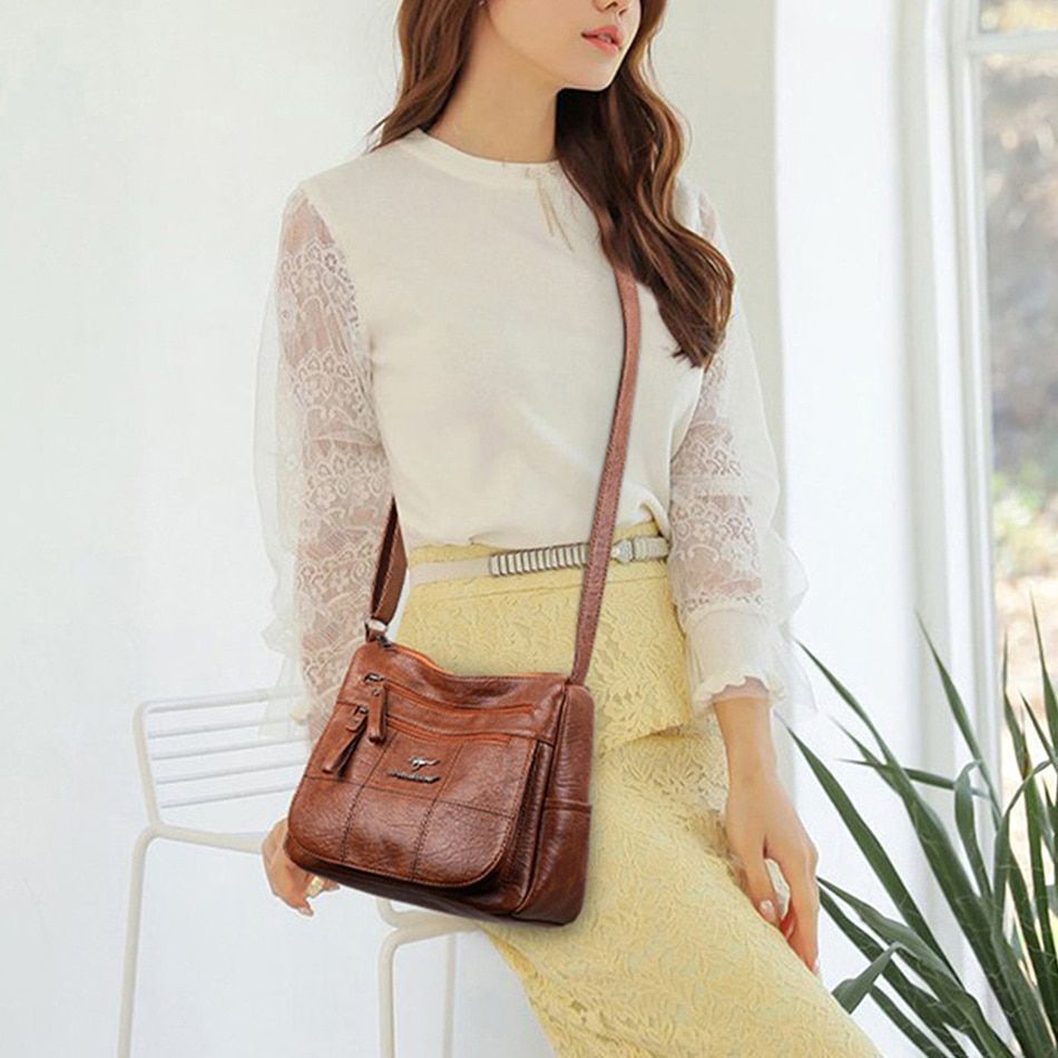 Crossbody Bag Soft Leather Messenger Pouch Retro Woman Handbag Shoulder Purse