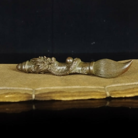 Chinese Antique Bronze Pan Dragon Pen Ornament Statue