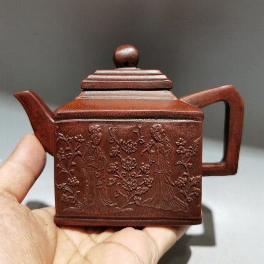 Vintage Chinese Yixing Purple Clay Teapot Zisha Ceramic Carving Pretty Woman Art