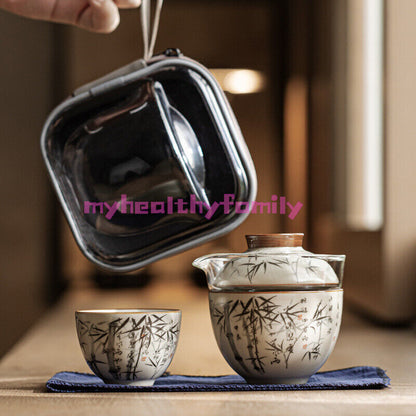 Antique Style Ruyao Crackle Glaze Porcelain Tea Set Travelling Bag Bamboo Print