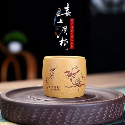 100ml Yixing Purple Clay Handcarved Flowers Bird Tea Tasting Cup Kung Fu Teaware